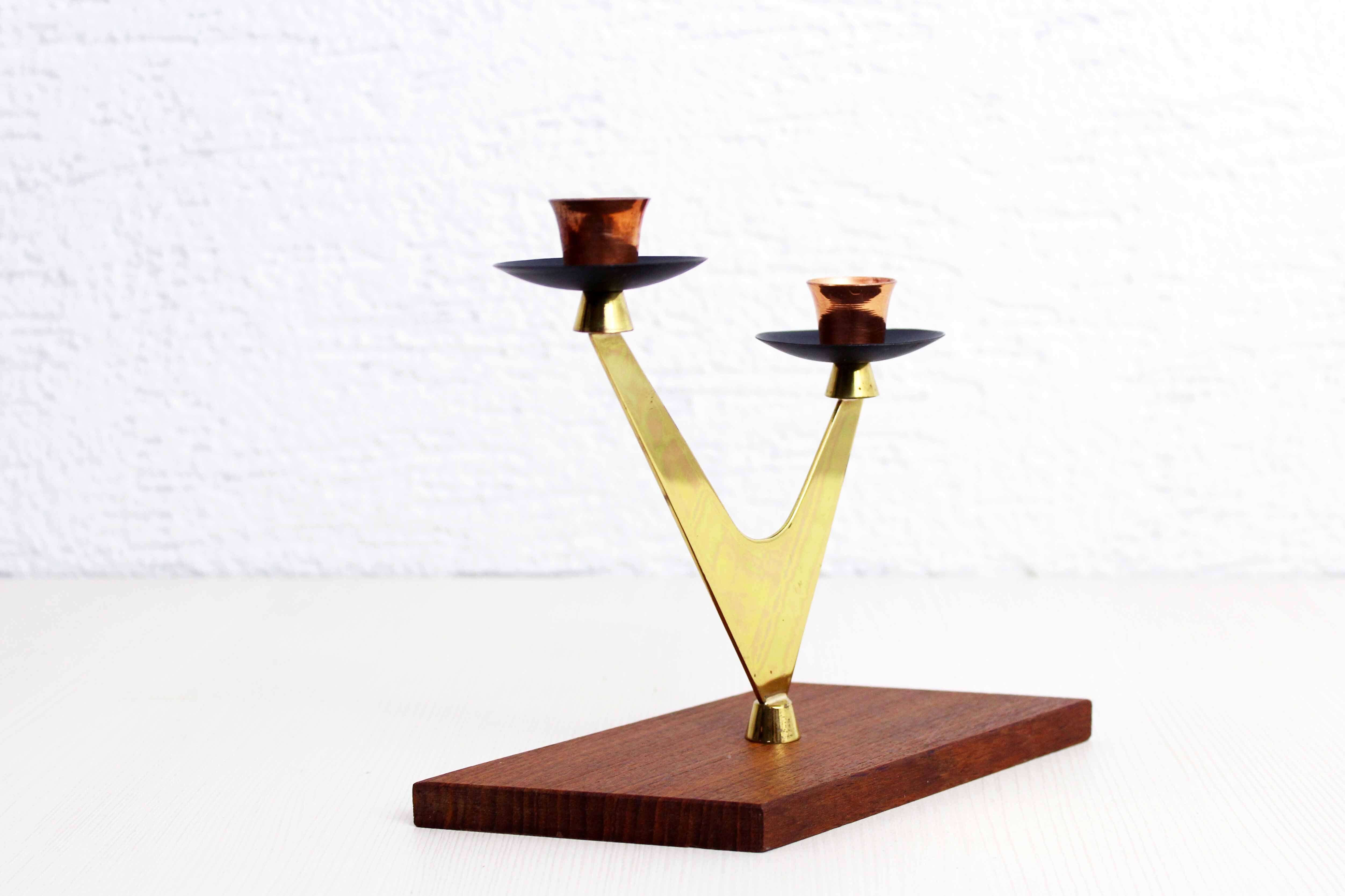 Double teak and brass candle holder