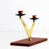 Double teak and brass candle holder