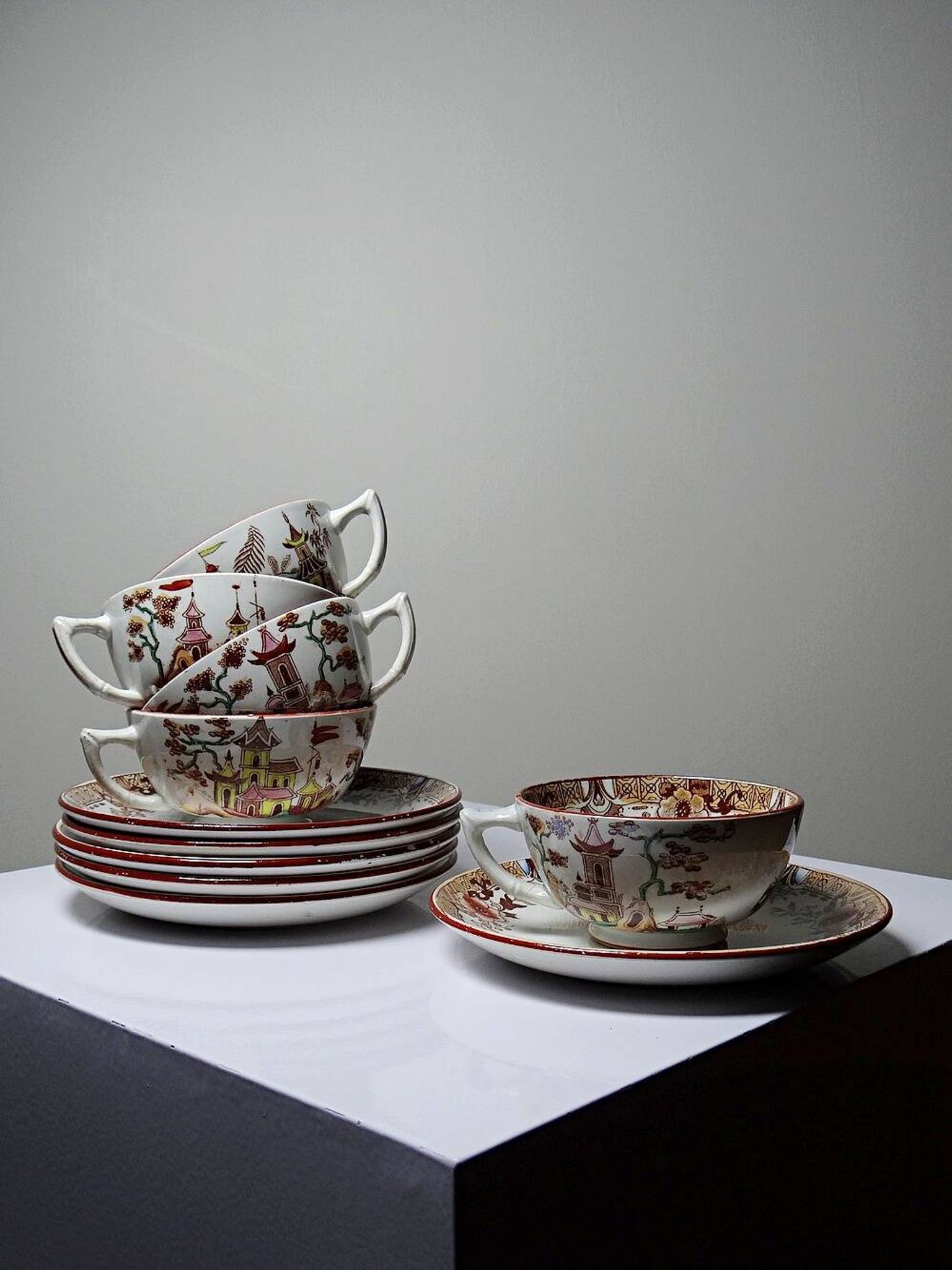 Sarreguemines tea service - Kyoto - antique 5 cups 6 saucers in Japanese style