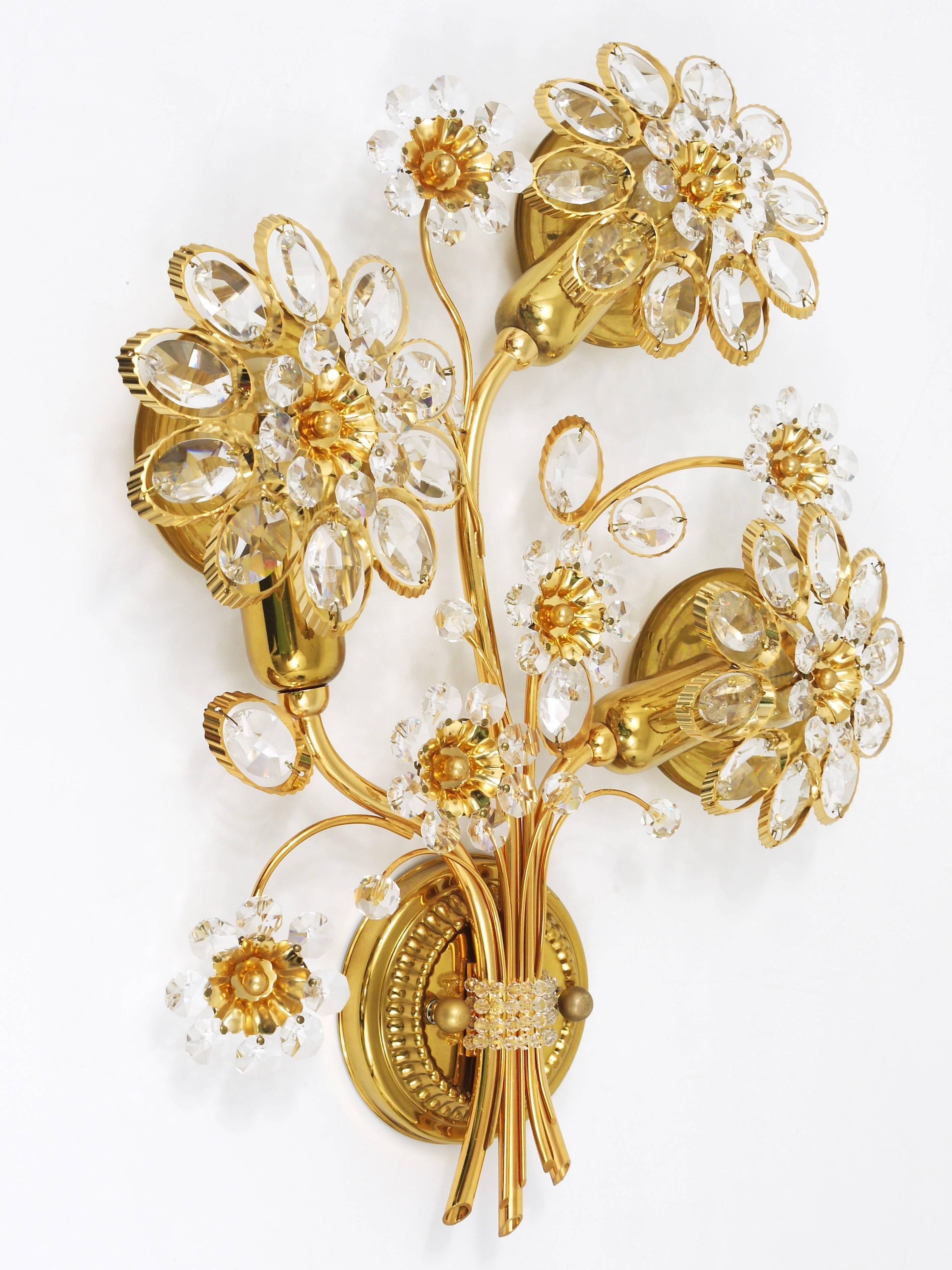 Ernst Palme Palwa Applique Murale Fleur en Laiton Doré et Cristal, Allemagne, Années 1970