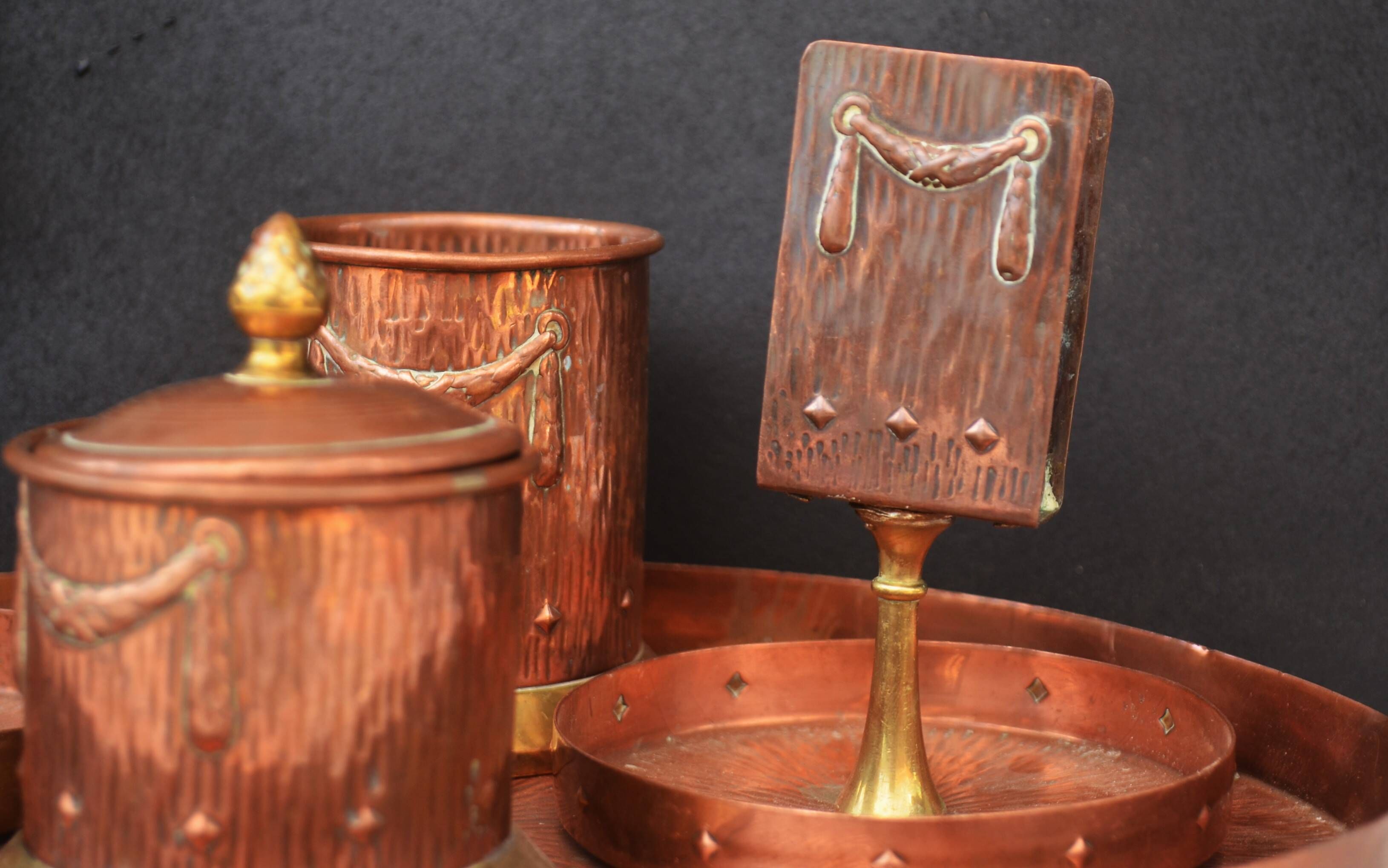 Arts and Crafts Brass And Copper Tray + lot of 4 Pieces