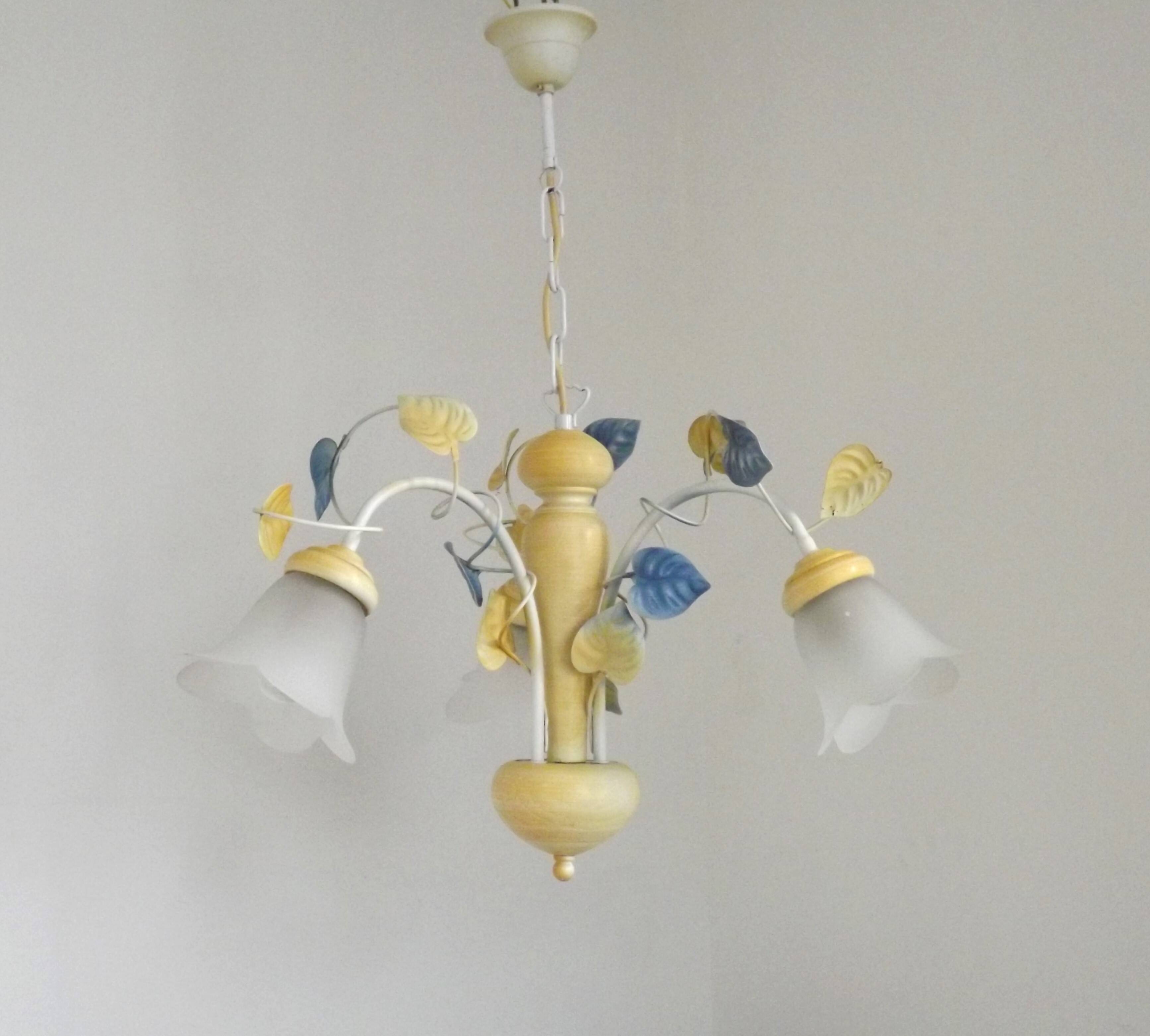Vintage French 3 Light Chandelier with Blue & Yellow Leaf Glass Shades 5064
