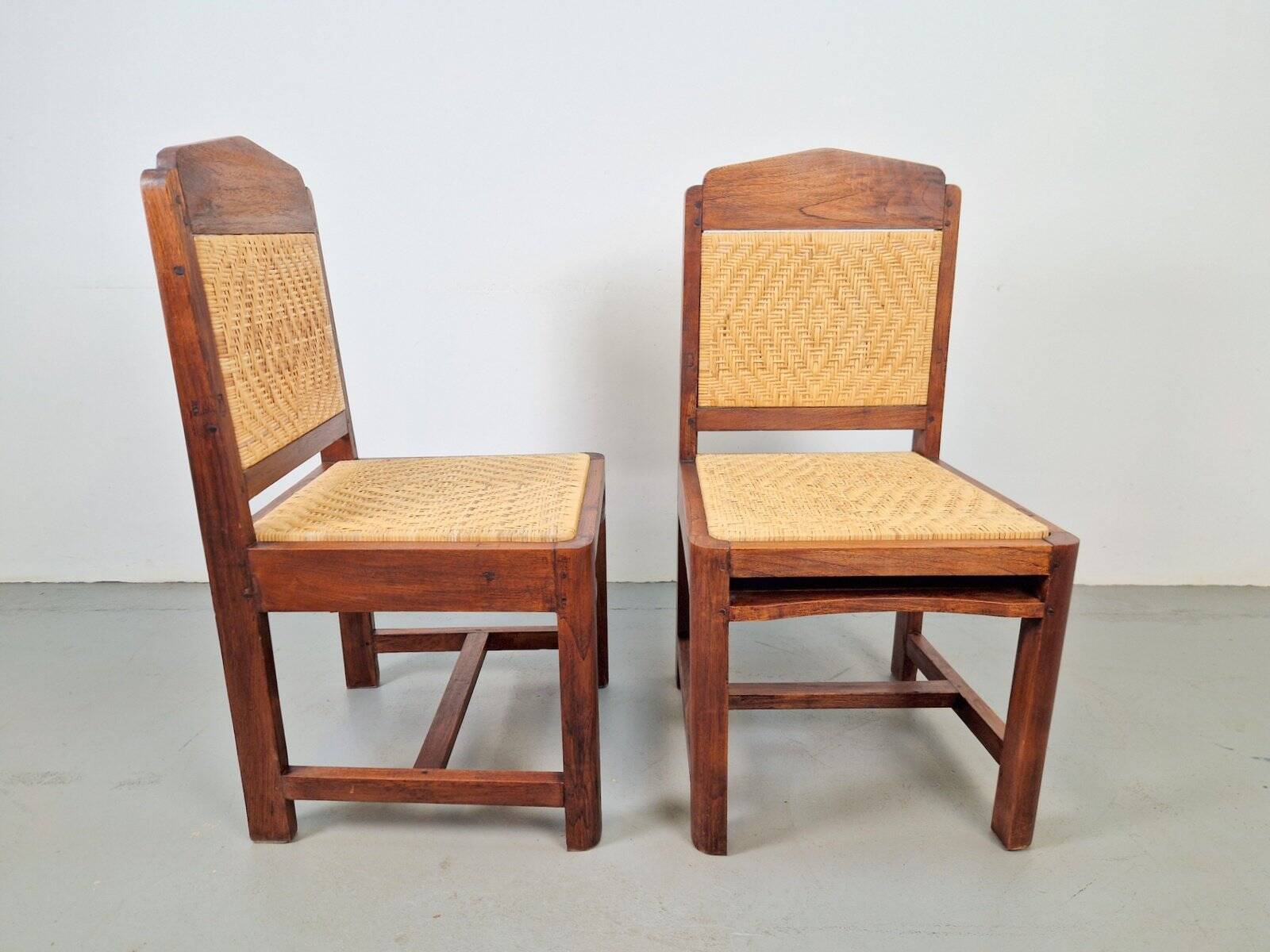 Dutch Art Deco Haagse School Oak and Rattan Webbing Chairs, 1930s, Set of 2