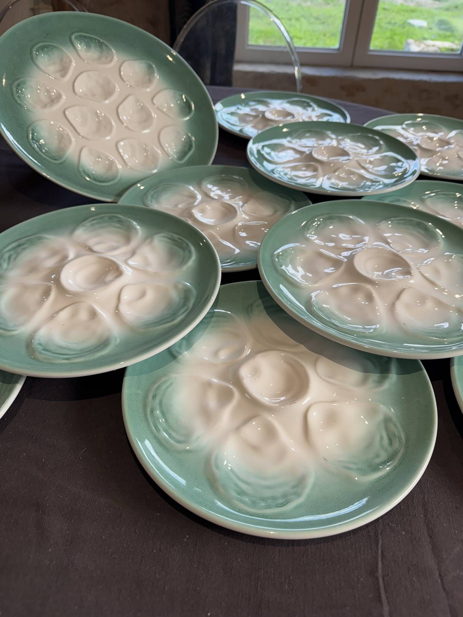 Niderviller sea-green earthenware oyster plates, set of 10 + dish