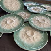 Niderviller sea-green earthenware oyster plates, set of 10 + dish