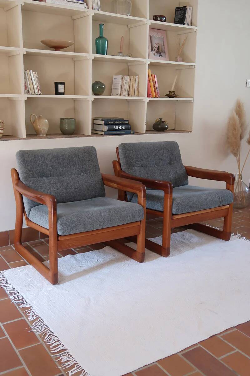 Scandinavian armchair in teak Komfor, blue-grey fabric, 1960s, sled base (2 available)
