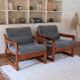Scandinavian armchair in teak Komfor, blue-grey fabric, 1960s, sled base (2 available)
