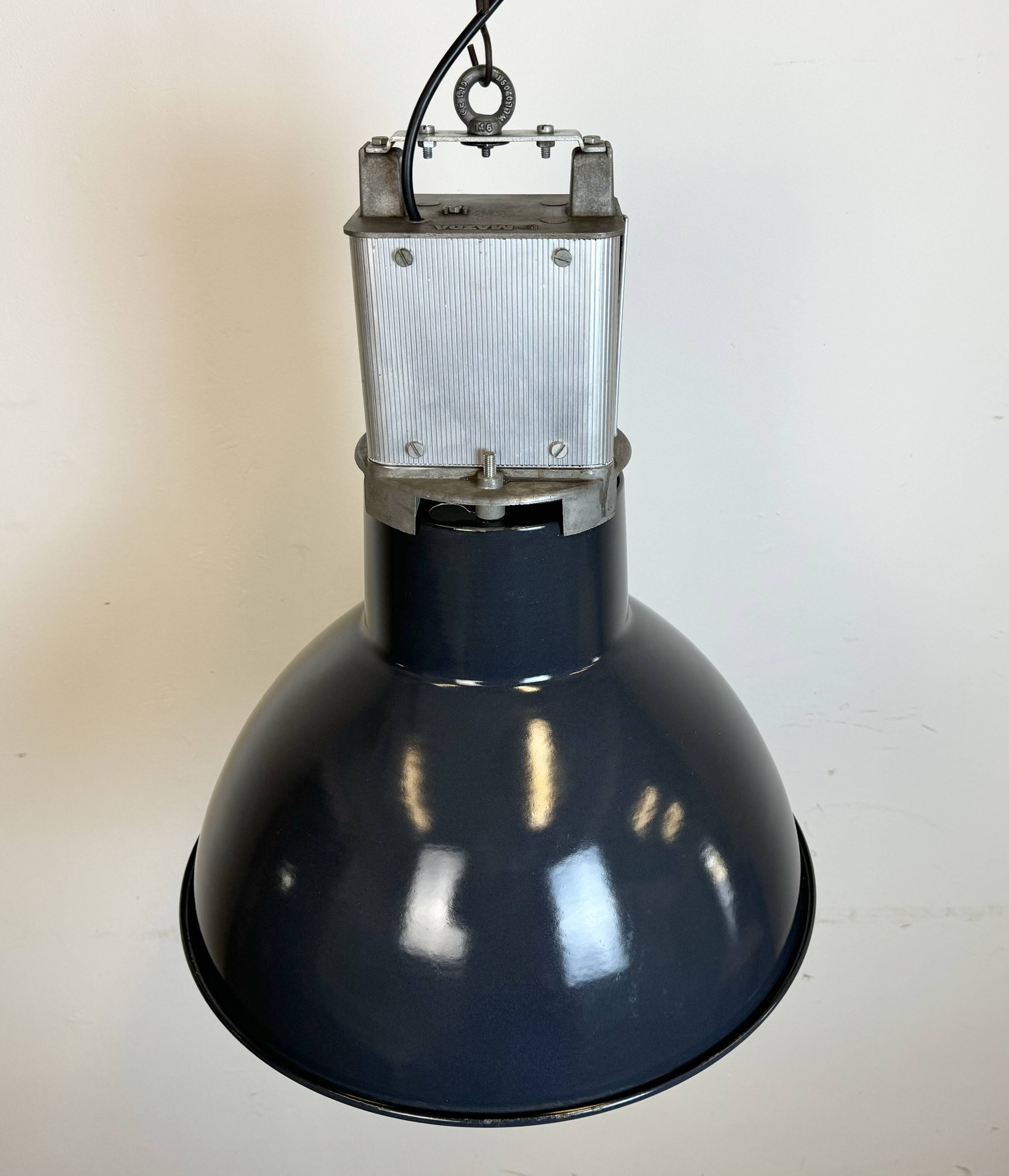 Industrial french dark blue enamel pendant lamp from mazda, 1960s