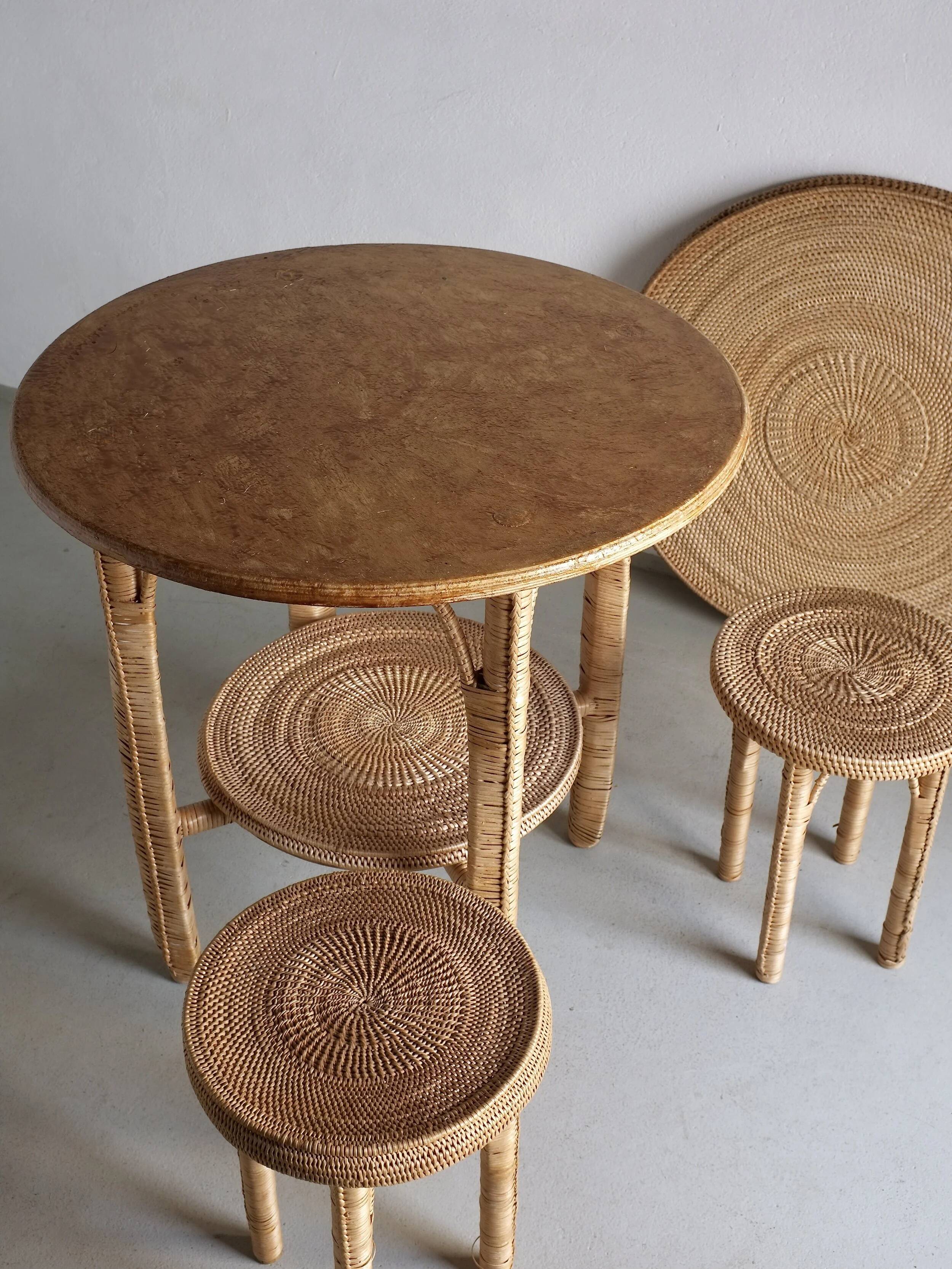 Vintage woven wicker table set | 1980s