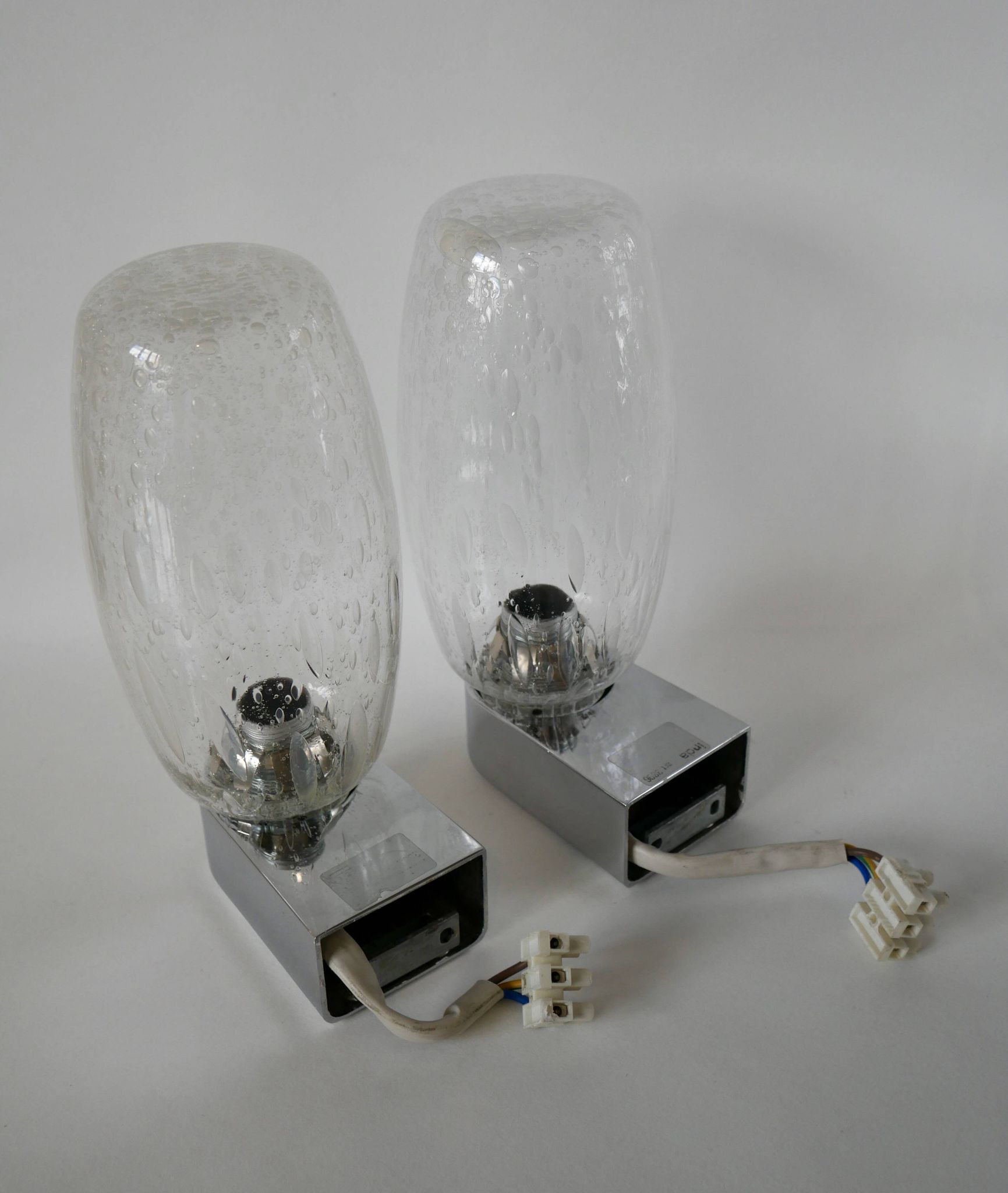 Pair of designer wall lights in blown glass and chrome by inda circa 1960-1970