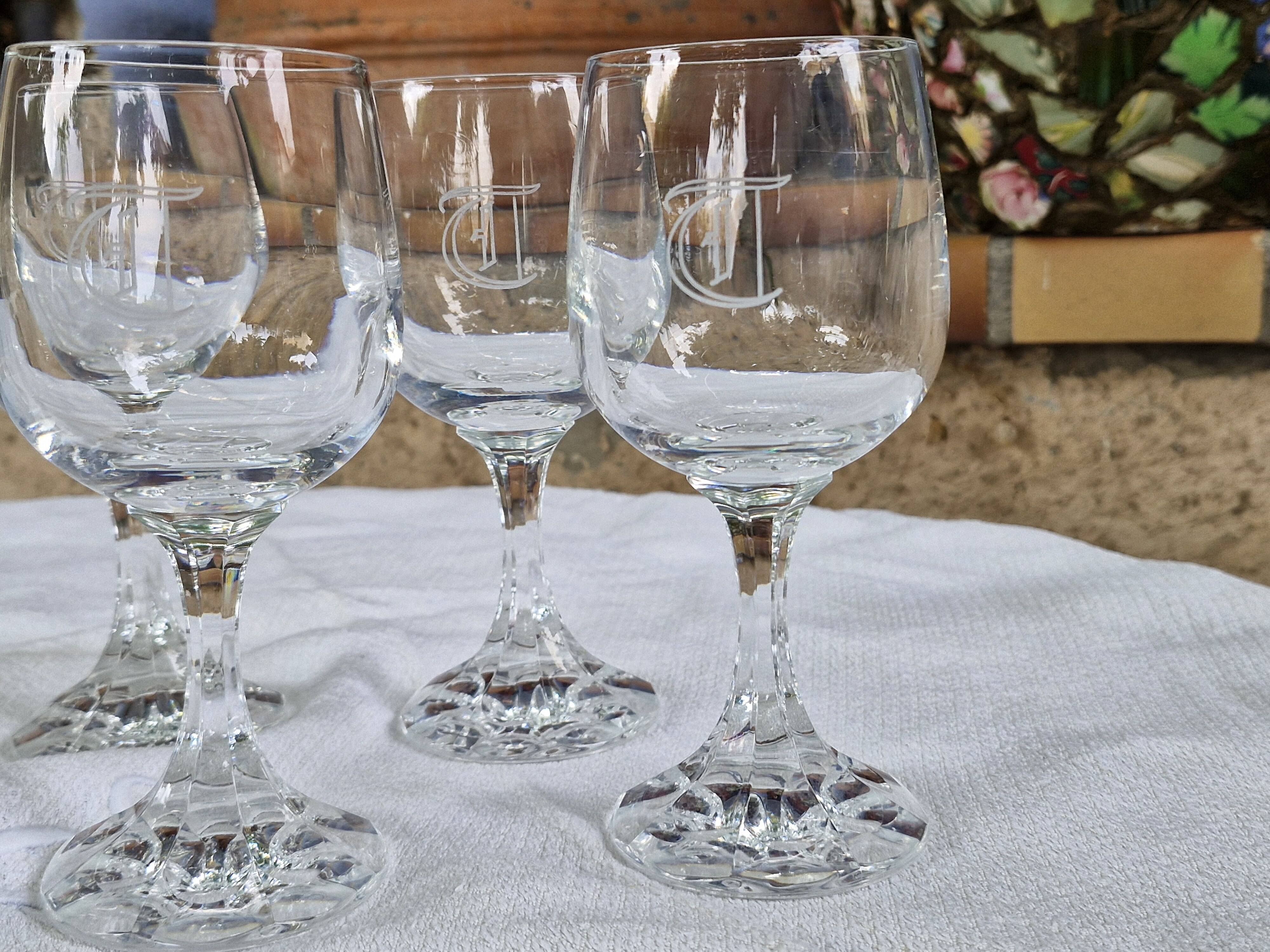 Vintage 10 Large Crystal Glasses - Engraved Logo - Cut Stem - Very Heavy