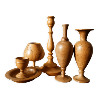 Composition of vases and cups in turned wood