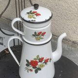 Coffee pot, in enamelled iron with patterns of red roses and white flowers, with filter, old
