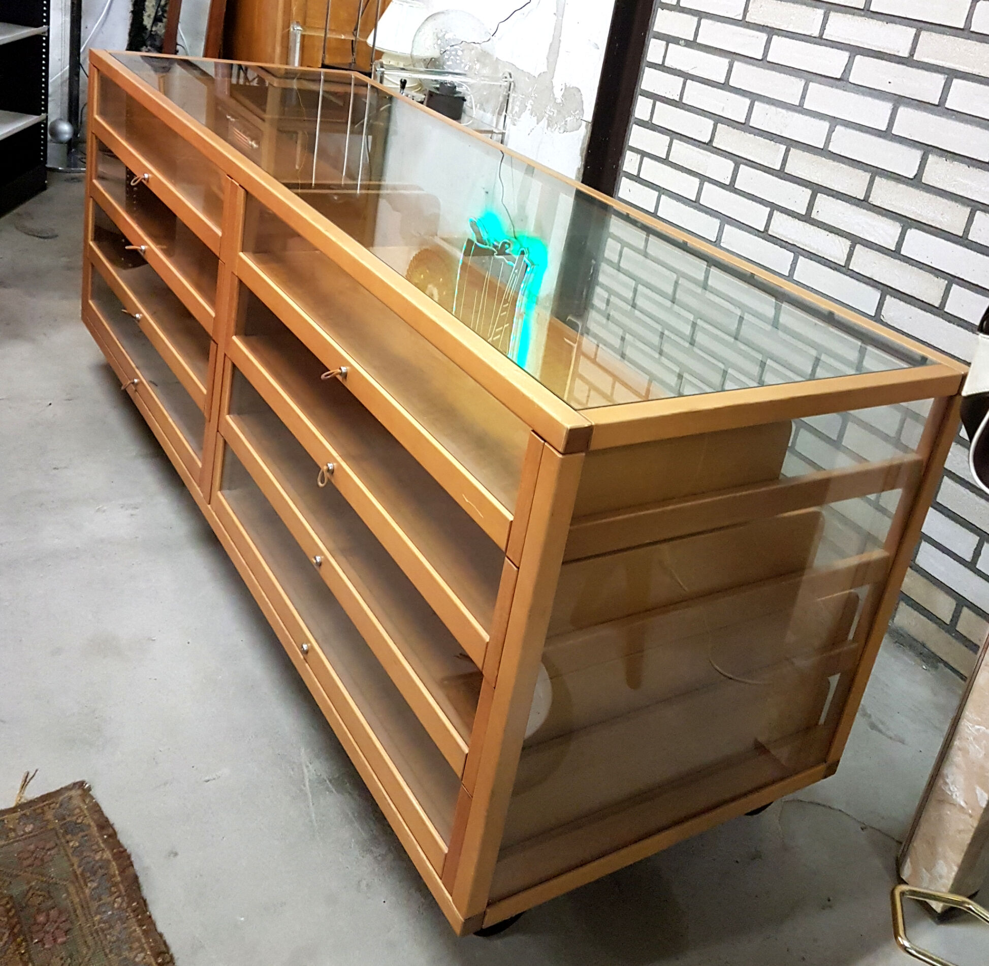 Vintage beech and glass display counter 1970
