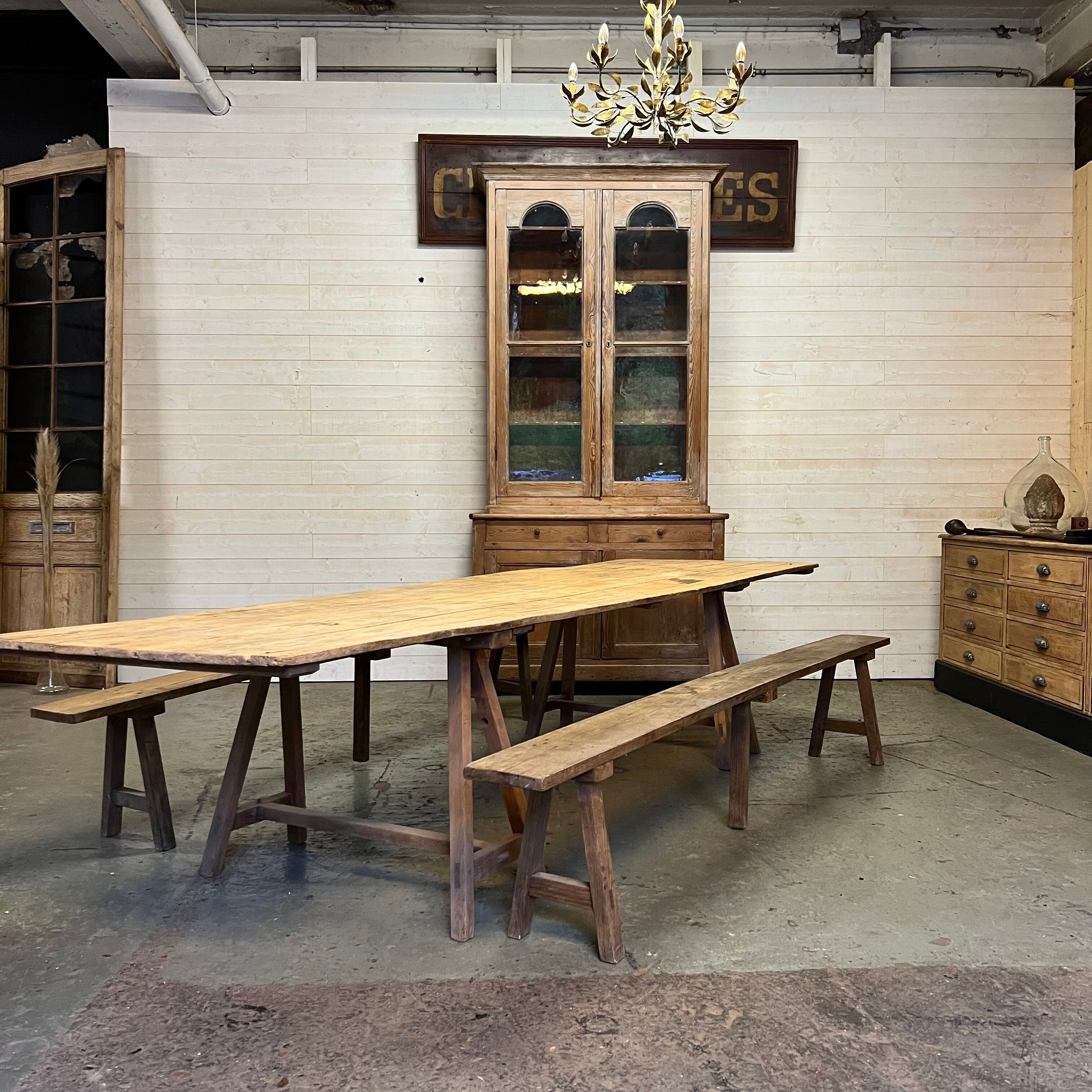 Pine guinguette table with trestles and oak bench