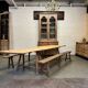 Pine guinguette table with trestles and oak bench