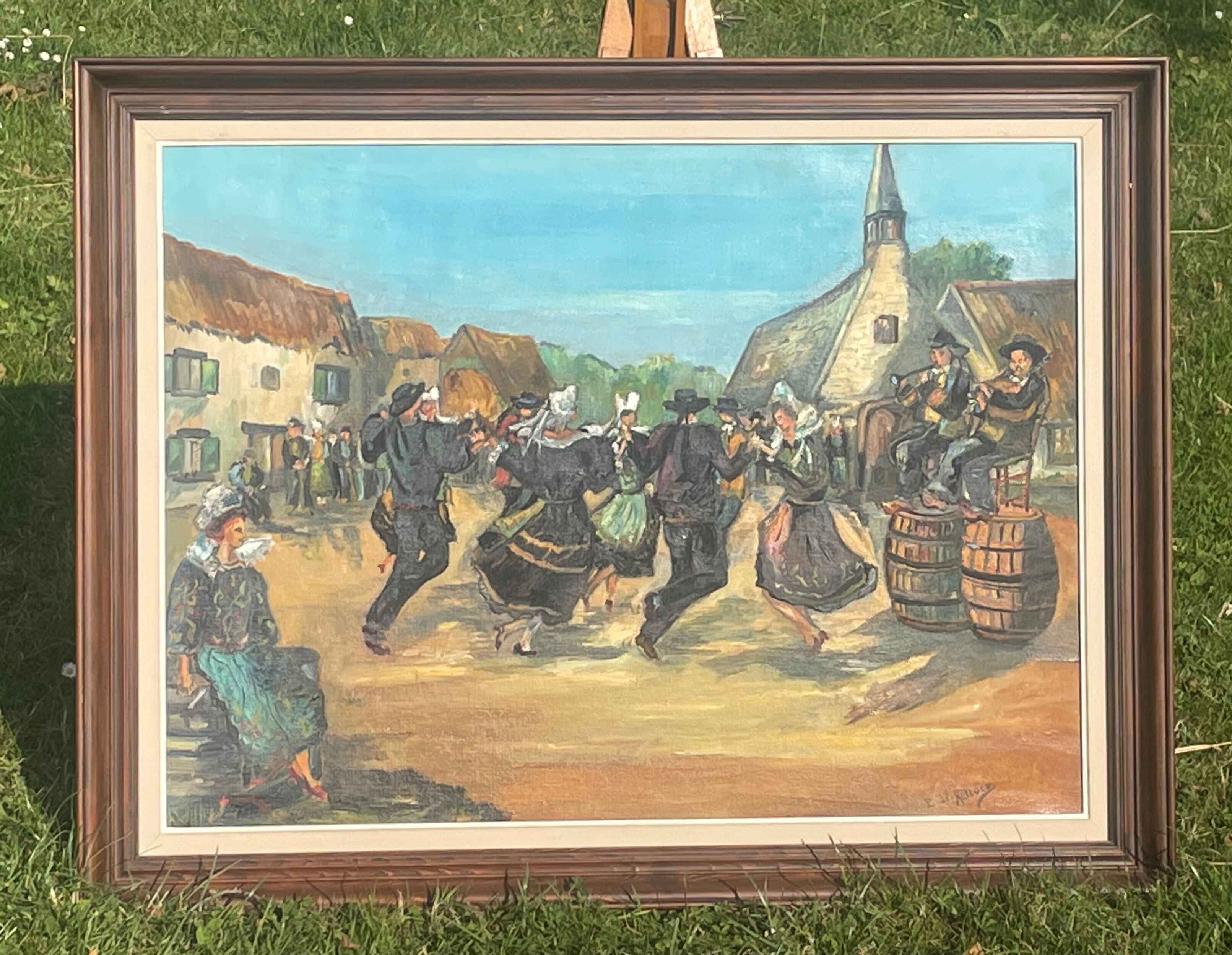 Oil on canvas, Breton scene, Breton village, signed Le Hellocq, Pont Aven