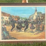 Oil on canvas, Breton scene, Breton village, signed Le Hellocq, Pont Aven