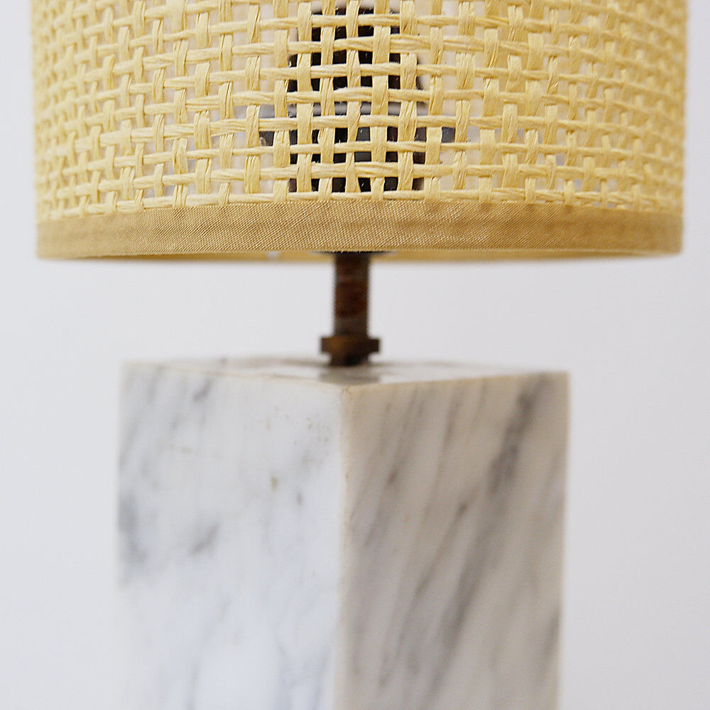 Vintage marble table lamp with new raffia shade.