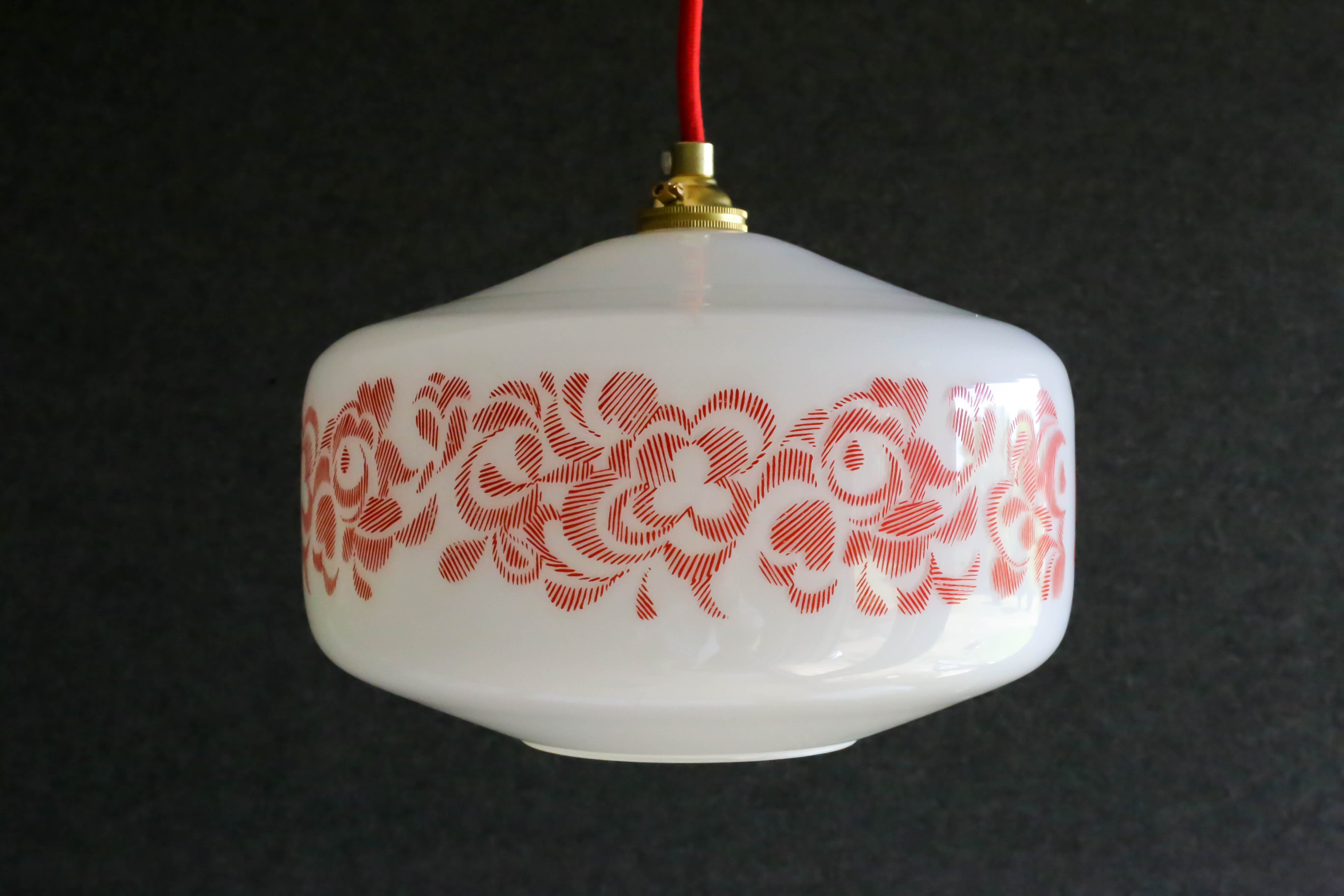 French suspension lamp in white opaline with red print pattern - comes with brass socket