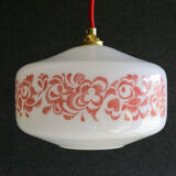 French suspension lamp in white opaline with red print pattern - comes with brass socket