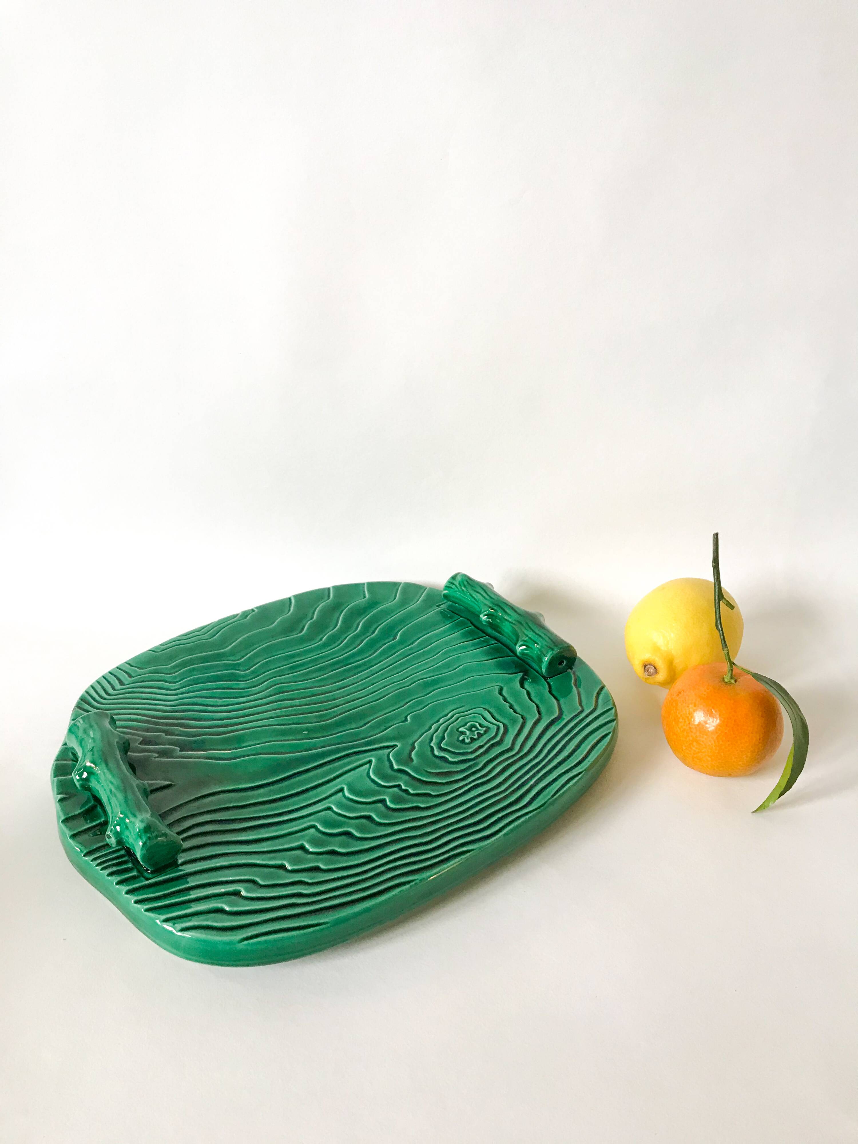 green ceramic tray with bamboo effect from the 1950s