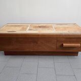 Vintage 1970 coffee table in solid oak & ceramic