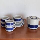 Service à thé scandinave en grès bleu et blanc