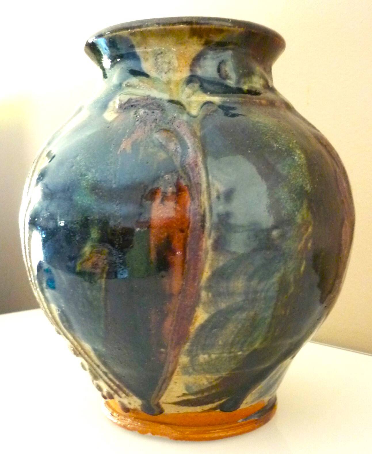 Ceramic vase, glazed stoneware, floral decoration, signature to be identified