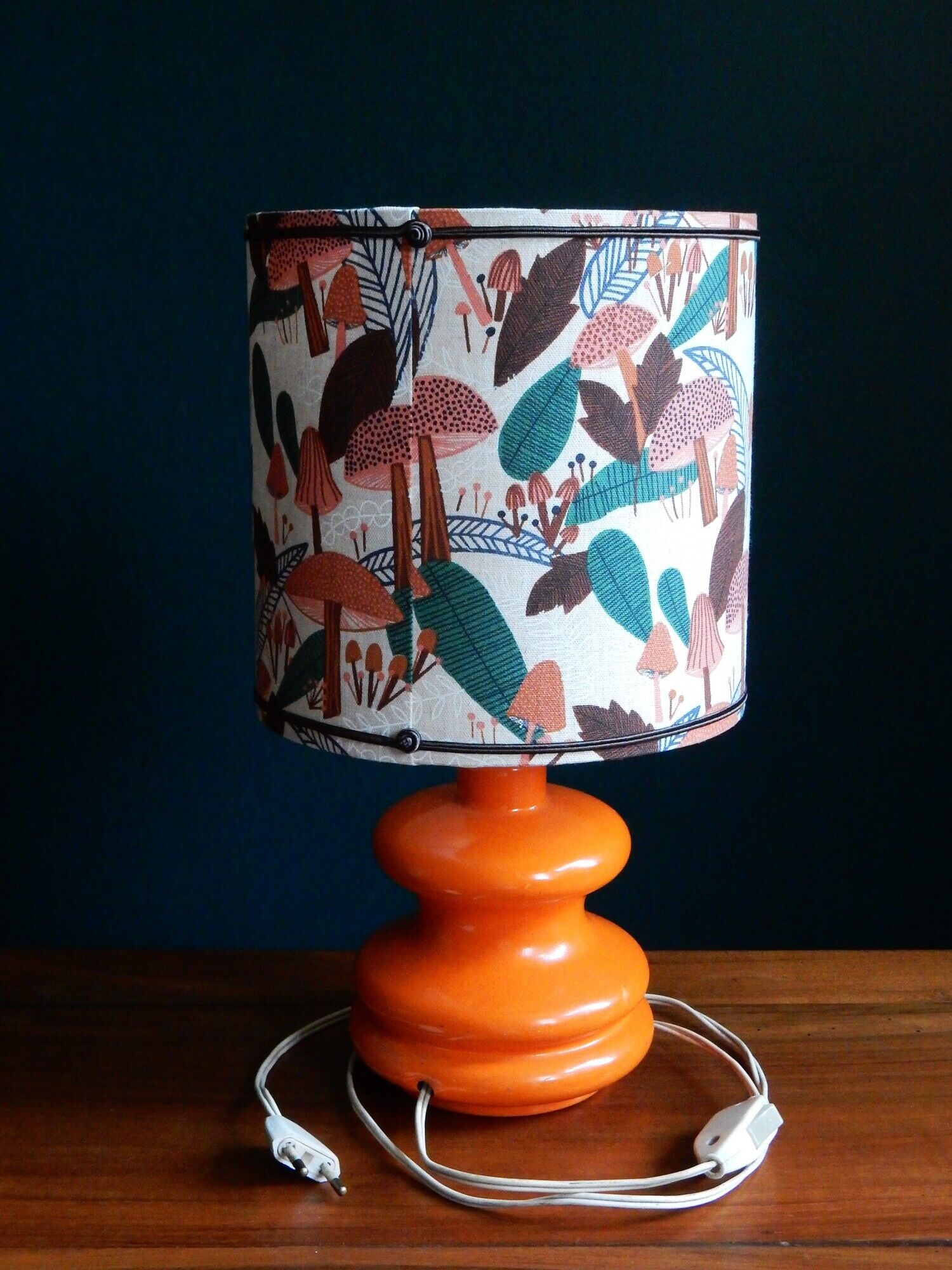 Mushroom lampshade and vintage orange glass lamp foot
