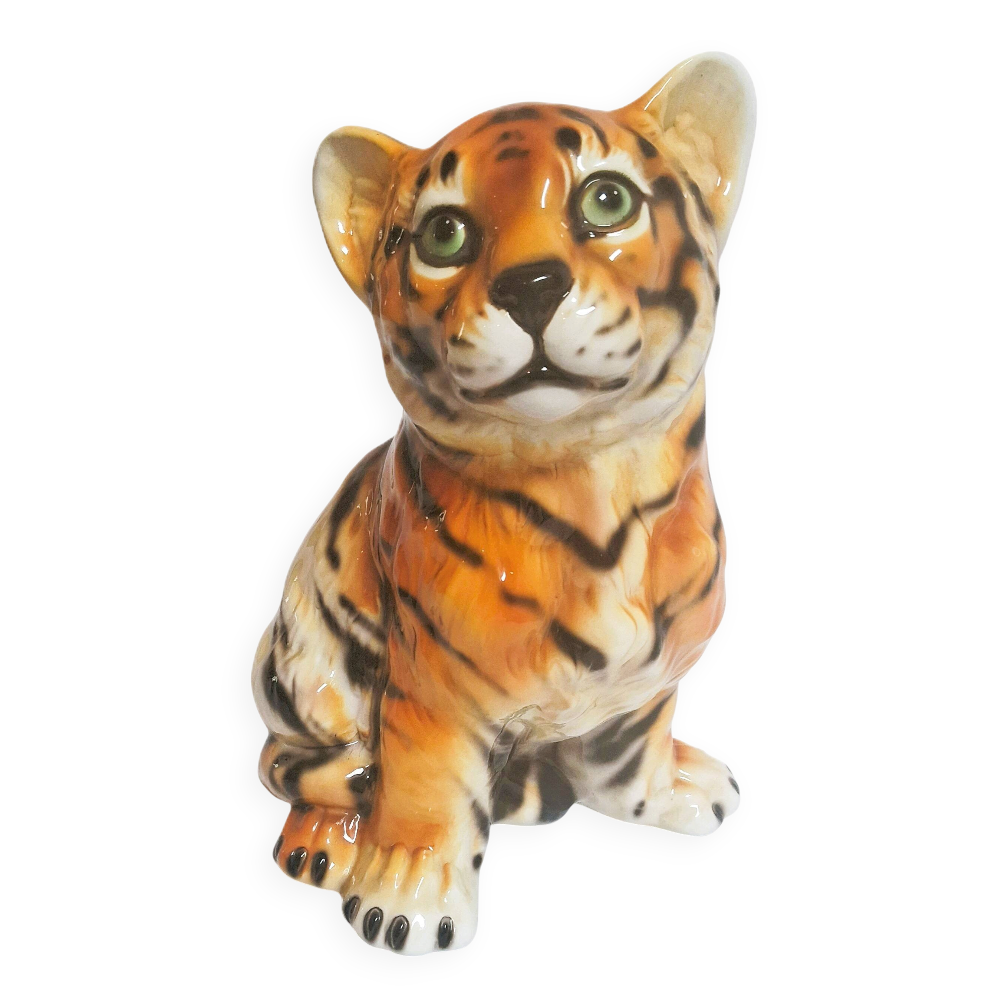 Vintage animal sculpture in Italian ceramic depicting a tiger cub.