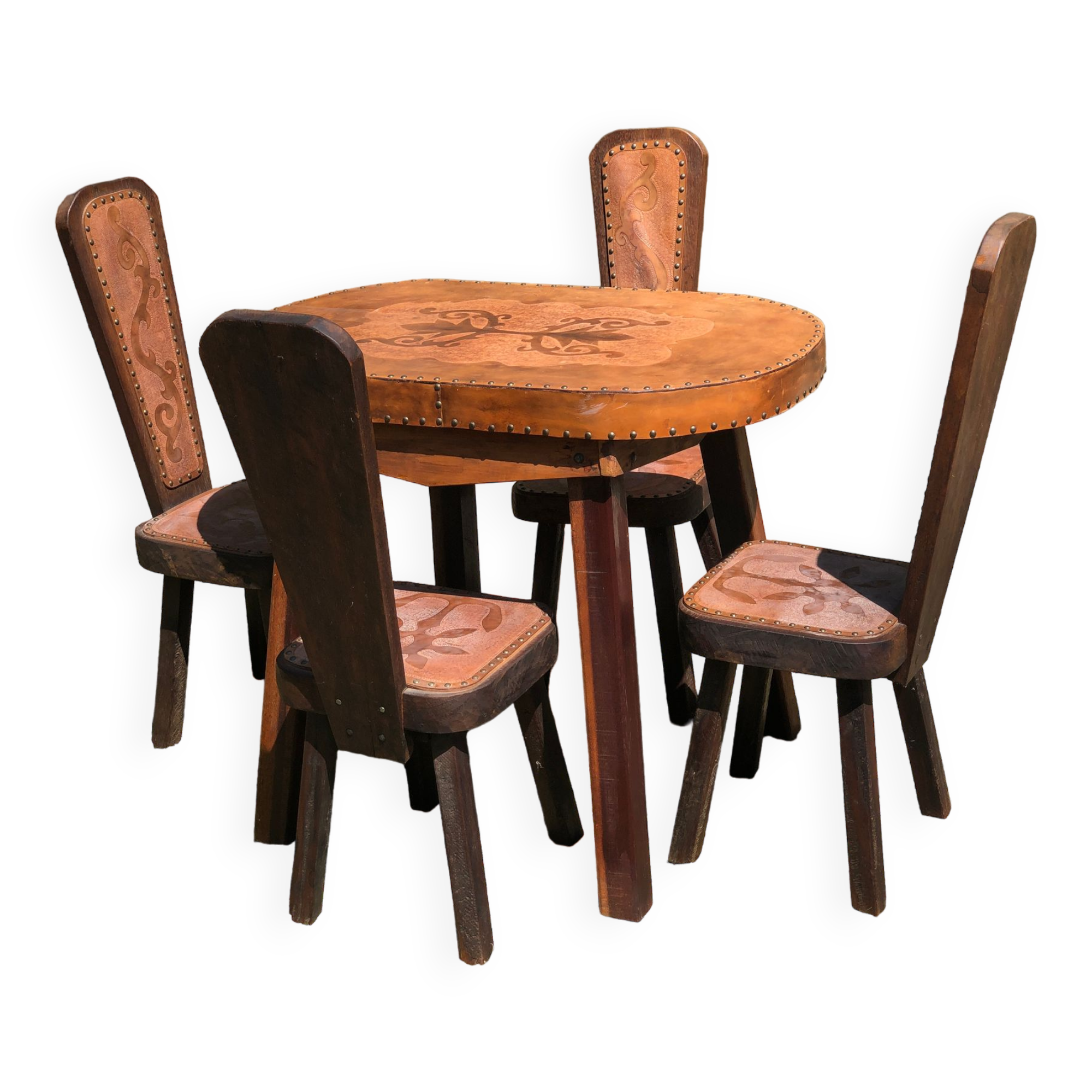 Brutalism oak and leather table and 4 chairs set 1960
