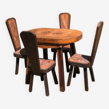 Set of table and 4 chairs brutalism oak and leather 1960