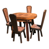Ensemble table et 4 chaises brutalisme chêne et cuir 1960