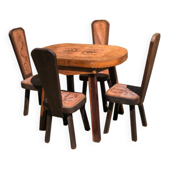 Set of table and 4 chairs brutalism oak and leather 1960