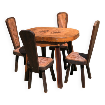 Brutalism oak and leather table and 4 chairs set 1960