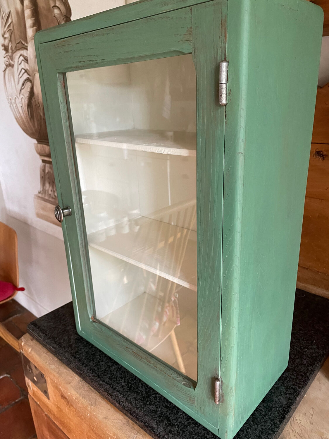 Small wooden cabinet patinated arsenic green