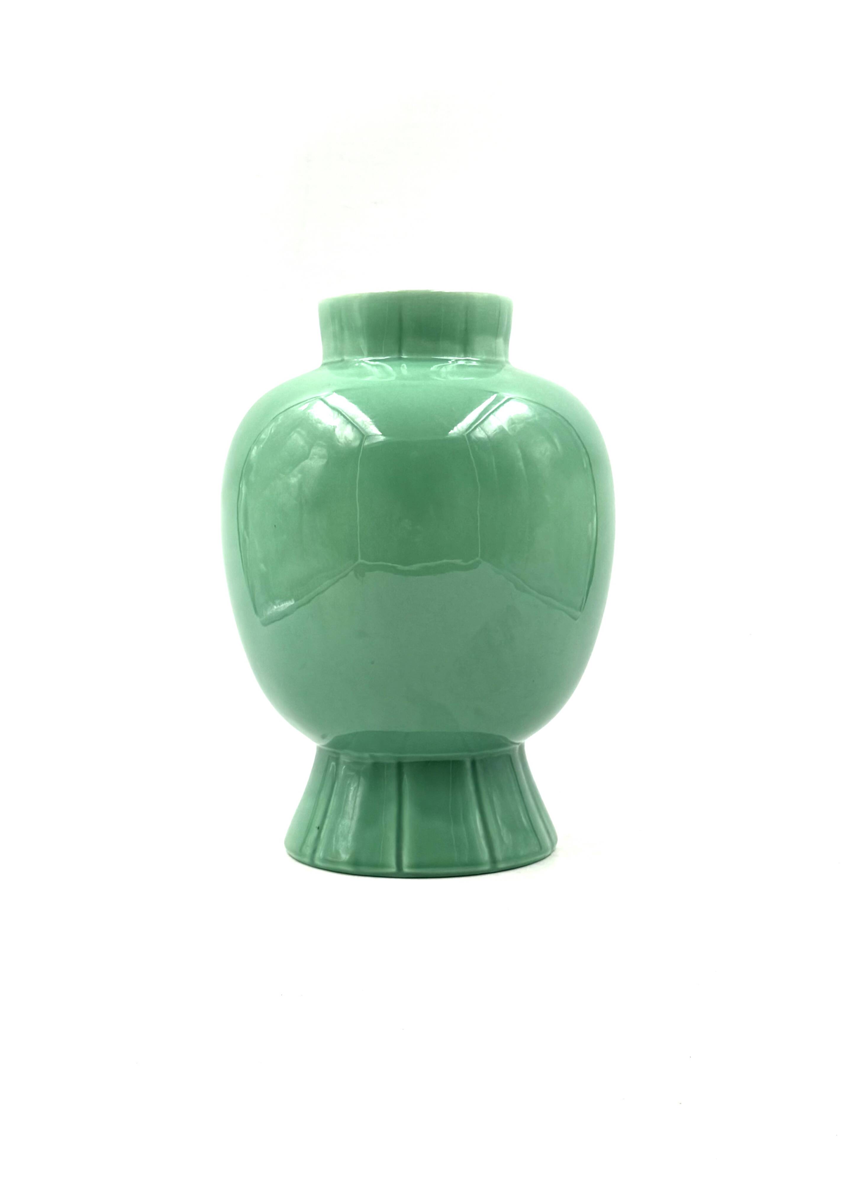 Paul Millet, Art Deco green ceramic vase, Sevres France 1930s