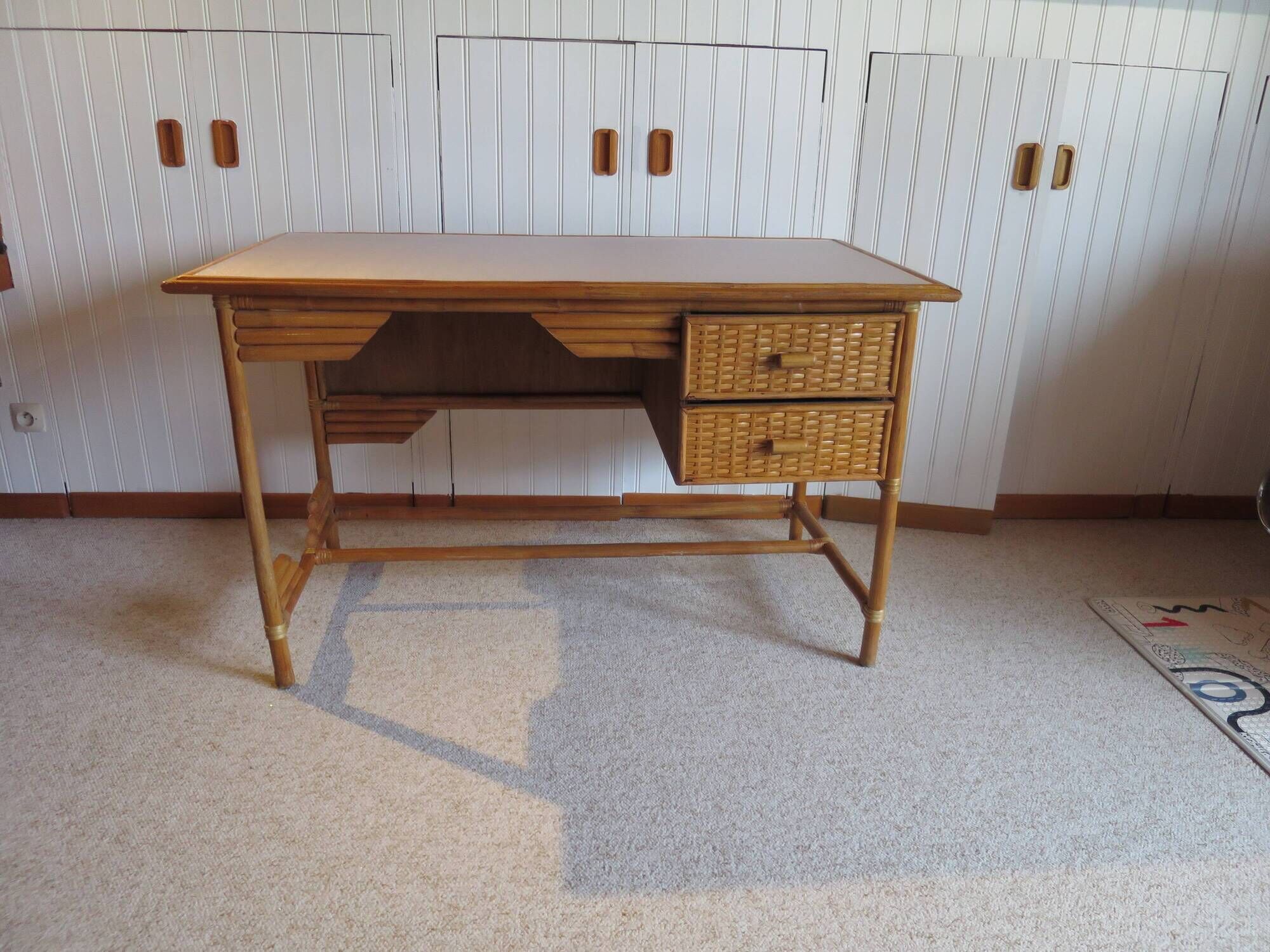 desk - wood-bamboo and woven wicker rattan - 2 drawers - large top - 80