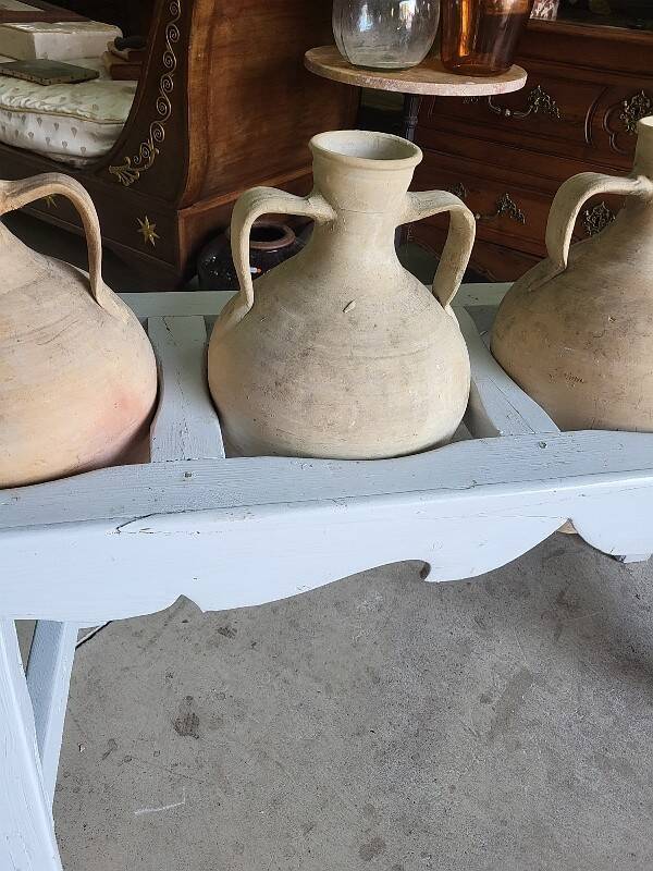 Antique painted wooden jar holder with 4 earthenware jars
