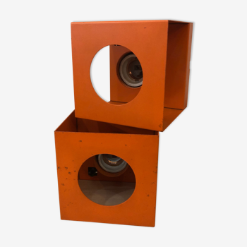 Pair of Orange metal cube wall lamps with switch