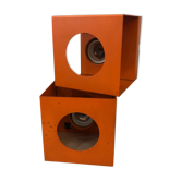 Pair of Orange metal cube wall lamps with switch