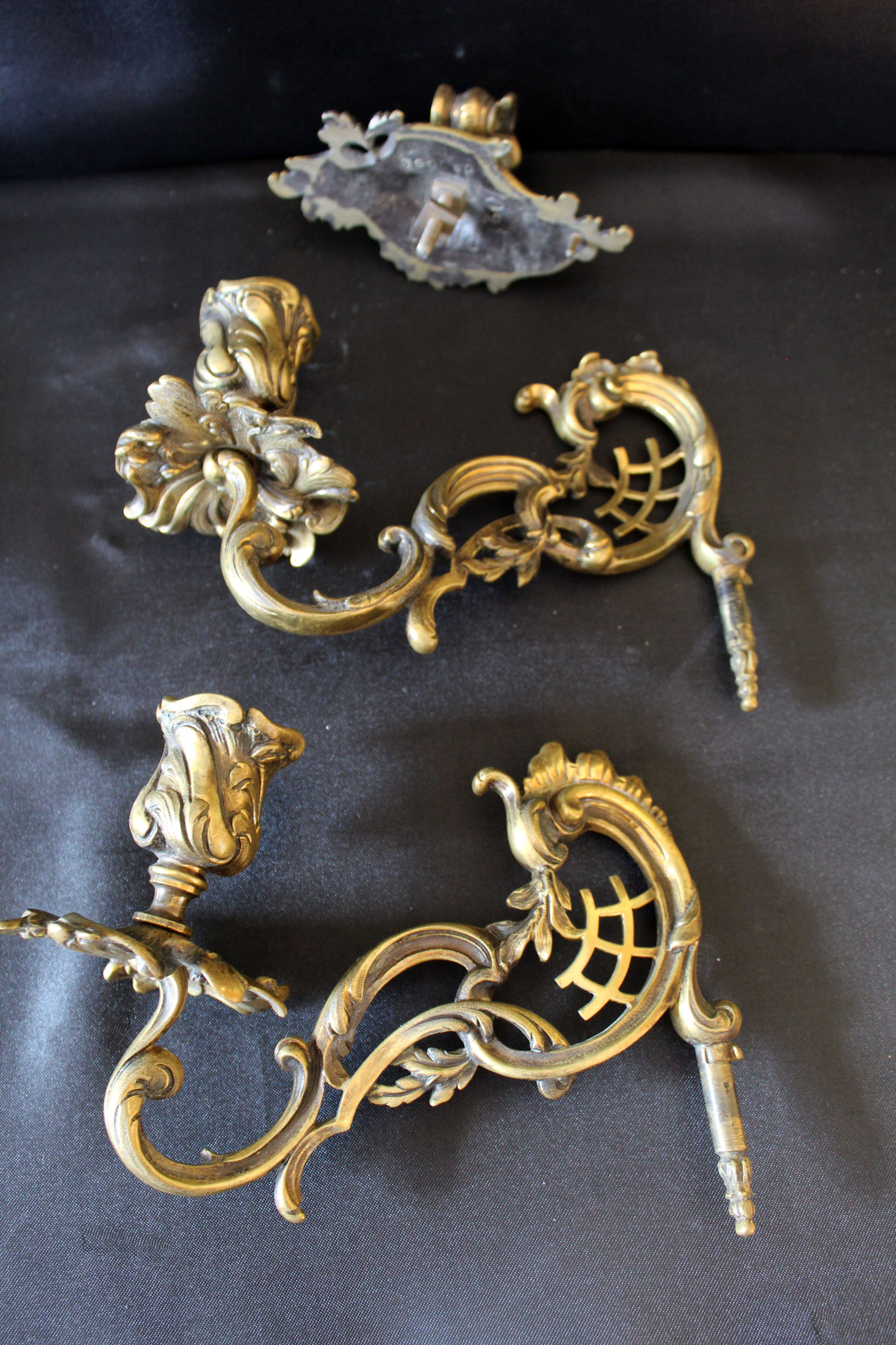 Pair of antique French Bronze Piano sconce, candleholders, signed L Pinet 102, rococo empire regency
