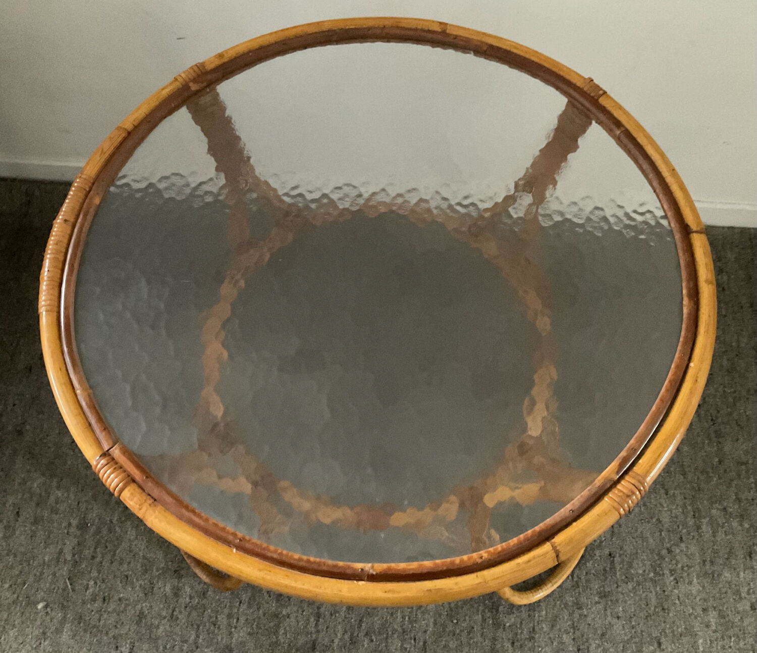 1960s rattan and glass coffee table