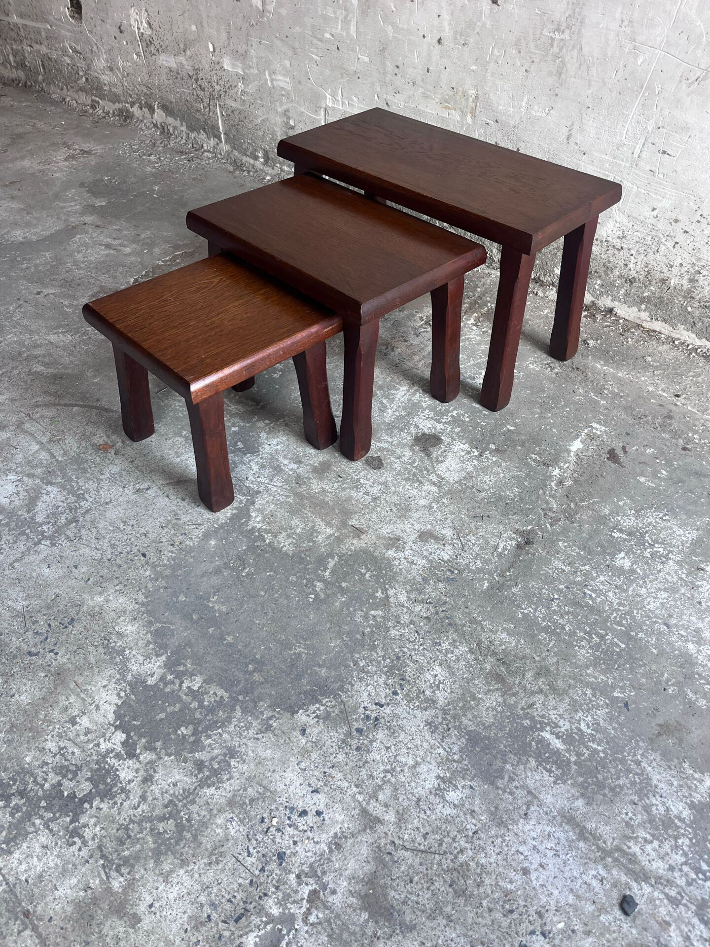 Set of three brutalist nesting tables, 1970s.