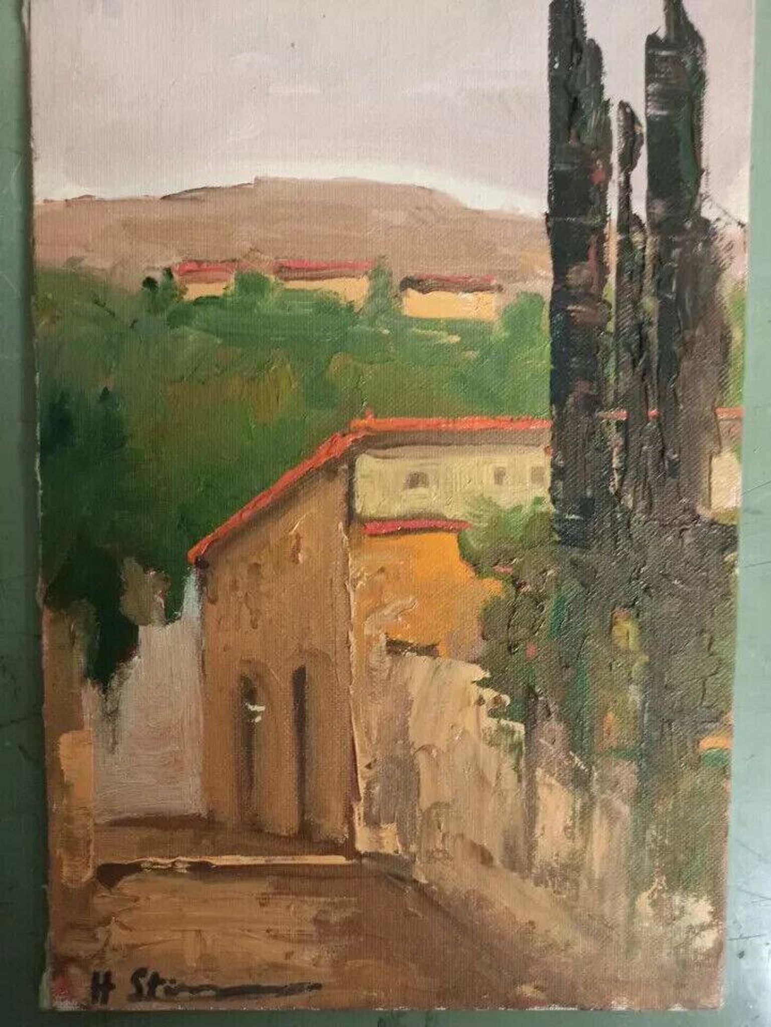 Oil painting on cardboard H. Stilmann Tuscan landscape 1950s