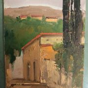 Oil painting on cardboard H. Stilmann Tuscan landscape 1950s