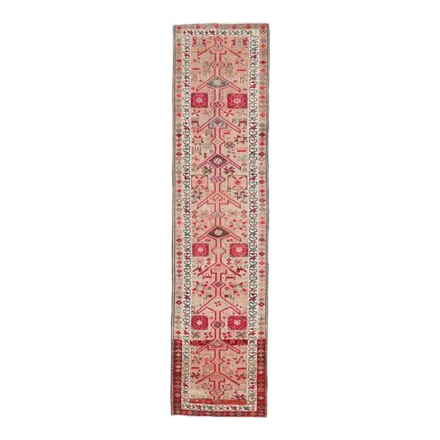 1970s Vintage Turkish Hand-Knotted Wool Cotton Beige Runner Rug 80x348