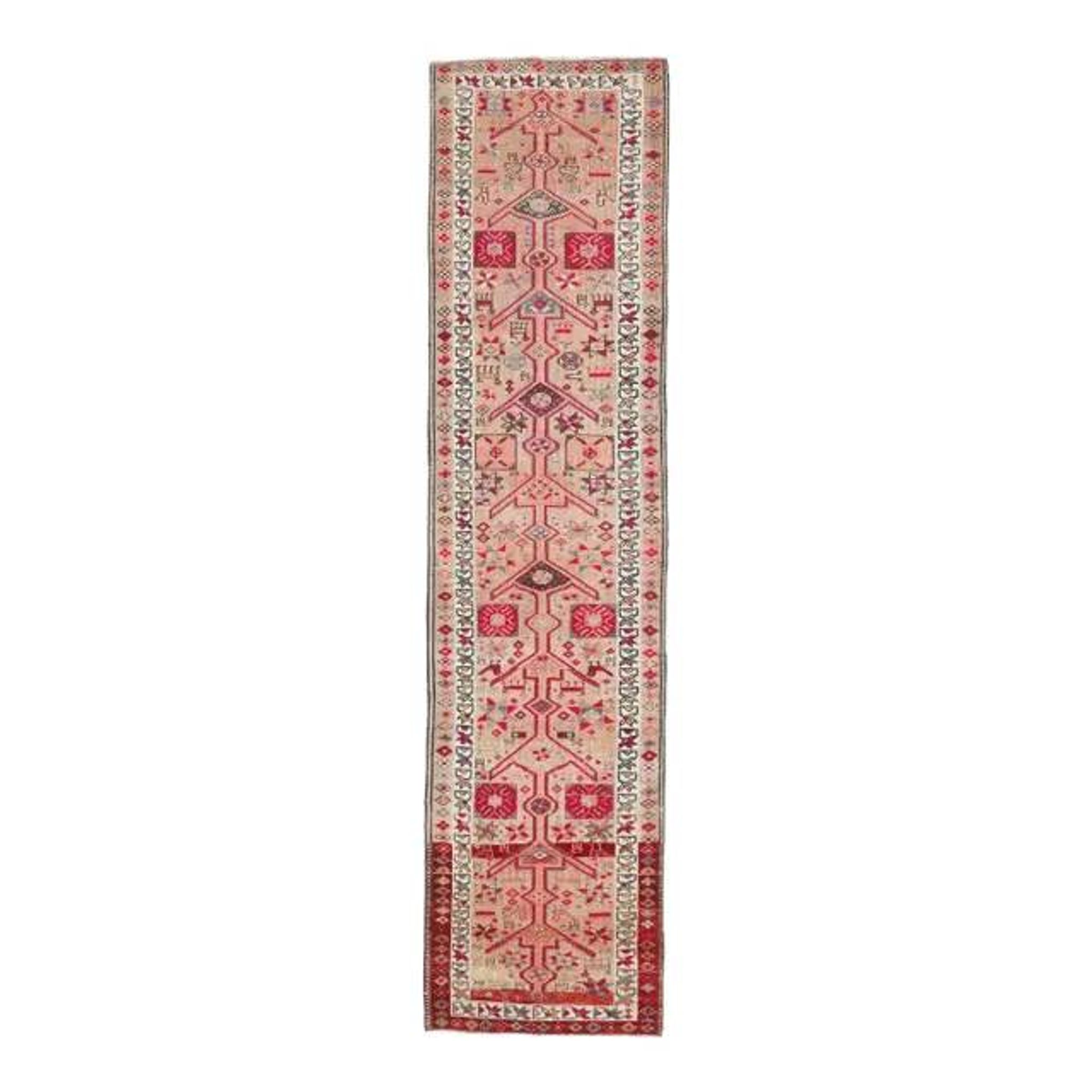 1970s Vintage Turkish Hand-Knotted Wool Cotton Beige Runner Rug 80x348