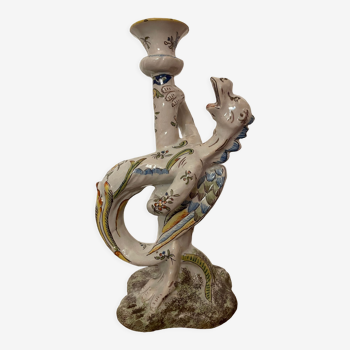 Dragon candlestick chimera earthenware Rouen Hand-painted collector's item